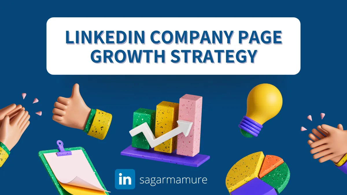LinkedIn company page growth strategy illustration with a rising bar chart, light bulb, pie chart and clapping hands