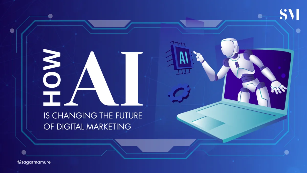 Robot emerging from a laptop screen beside the headline How AI is changing the future of digital marketing