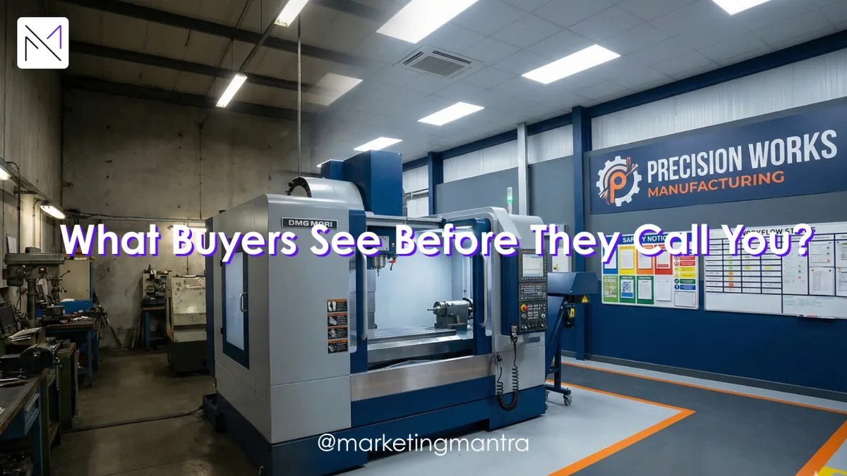 CNC machining centre on a clean factory floor under the question What buyers see before they call you?
