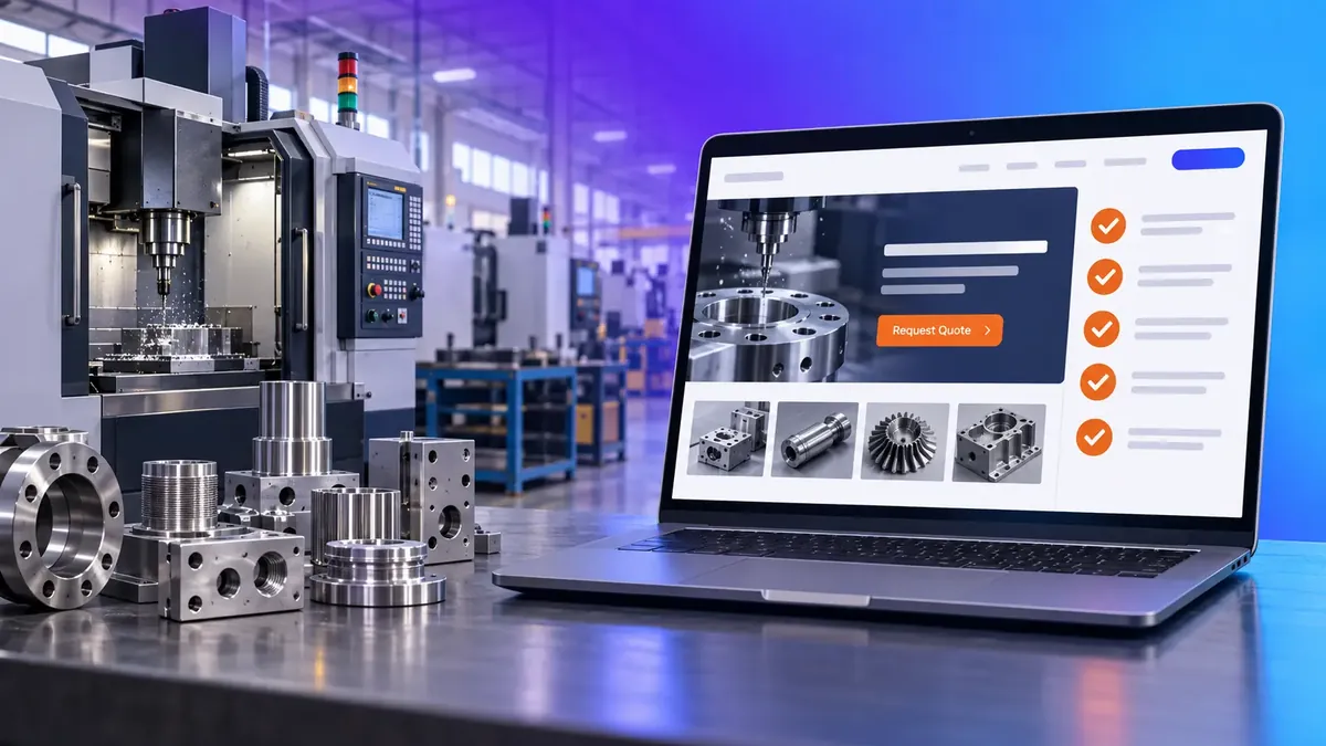 Machined metal parts beside a laptop showing a manufacturing website with a checklist and a Request Quote button