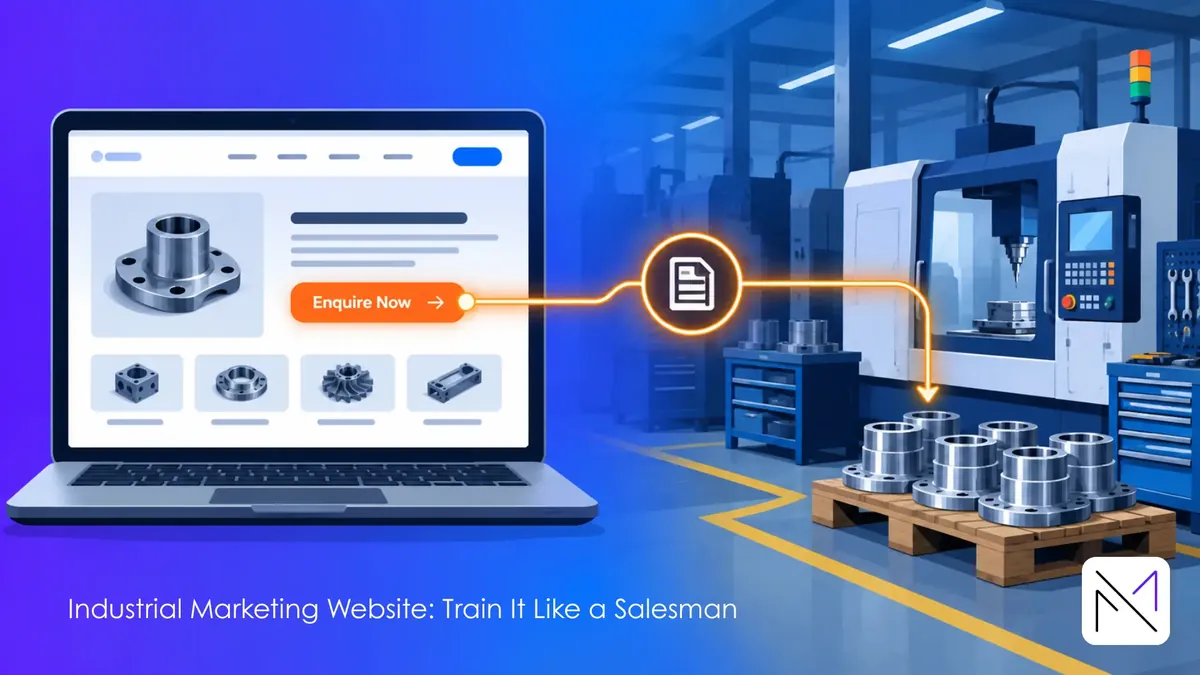 Laptop showing a product page with an Enquire Now button, linked by an RFQ document icon to a pallet of machined parts on a factory floor