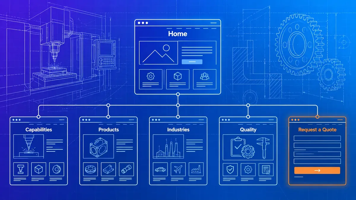 Blueprint-style sitemap of a manufacturing website: home page linked to capabilities, products, industries, quality and request a quote pages