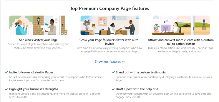 Screenshot of LinkedIn’s Premium Company Page features: see who visited your page, auto-invites, custom call-to-action button, inviting followers of similar pages, a custom testimonial, highlighted strengths and AI-assisted post drafting.