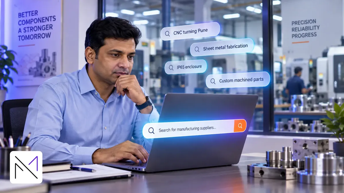 Engineer at a laptop in a machine shop with floating searches such as CNC turning Pune, sheet metal fabrication and custom machined parts