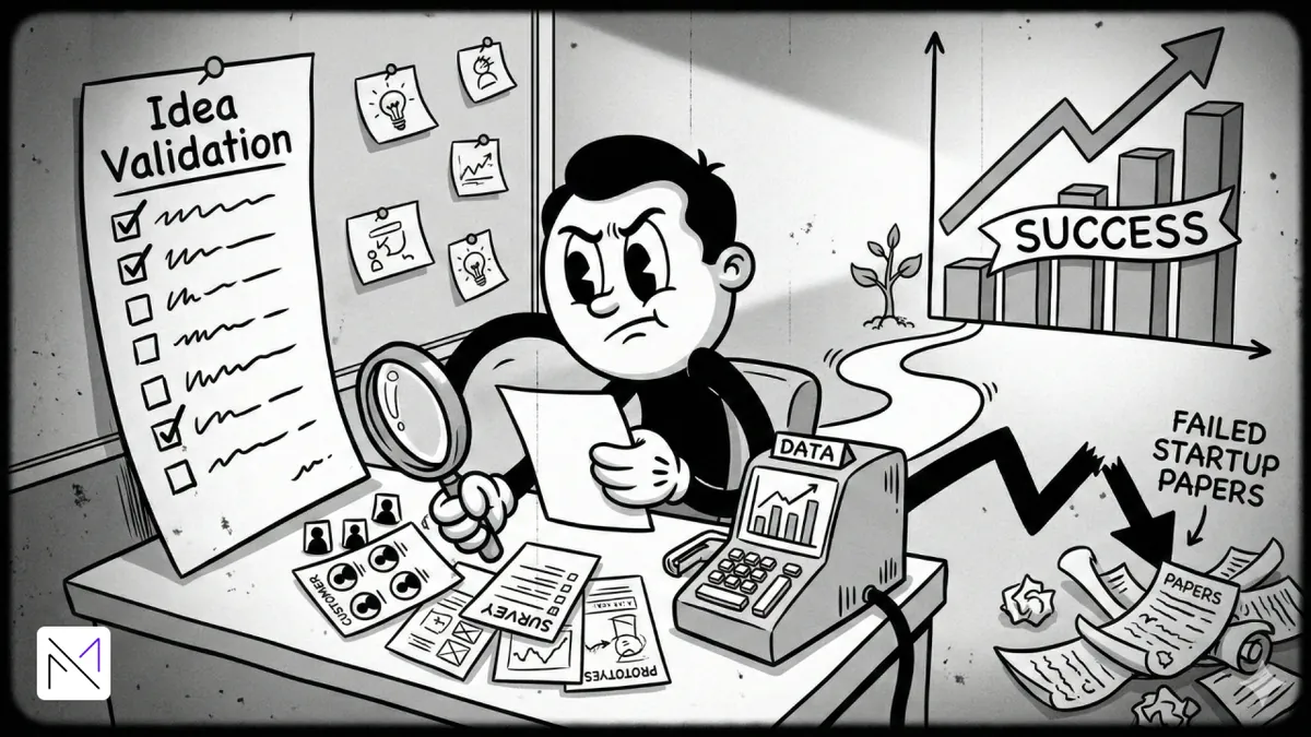 Cartoon founder examining survey results with a magnifying glass next to an idea validation checklist and a success chart