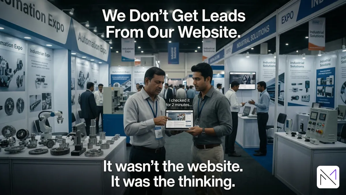 Two manufacturers at an industrial expo booth looking at a tablet, with the caption: it was not the website, it was the thinking
